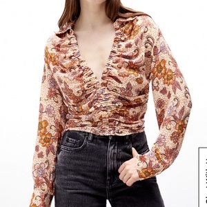 NWT Free People I Got You Orange Retro V Neck Floral Print Blouse Size XS